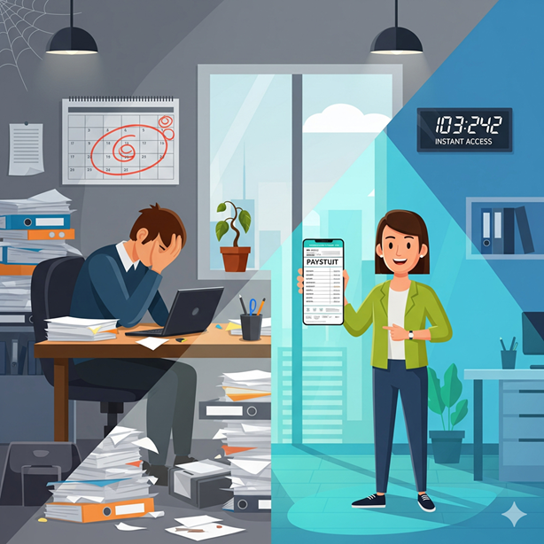 Woman holding an invoice in an office setting