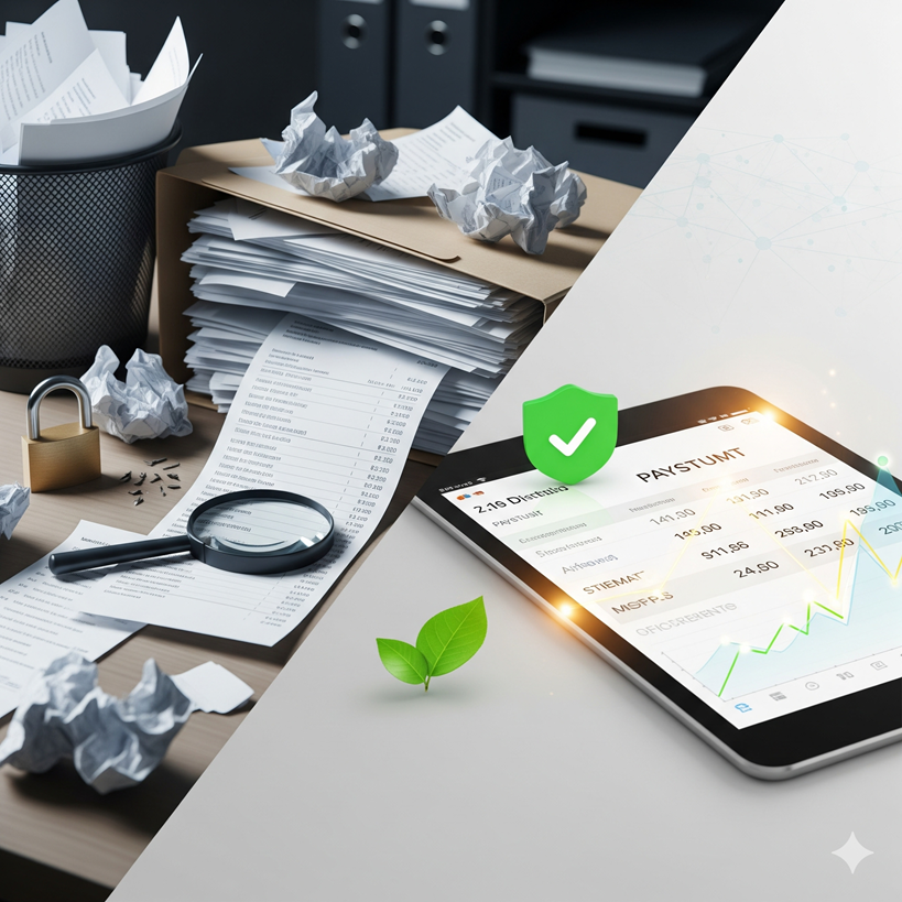 Woman holding an invoice in an office setting