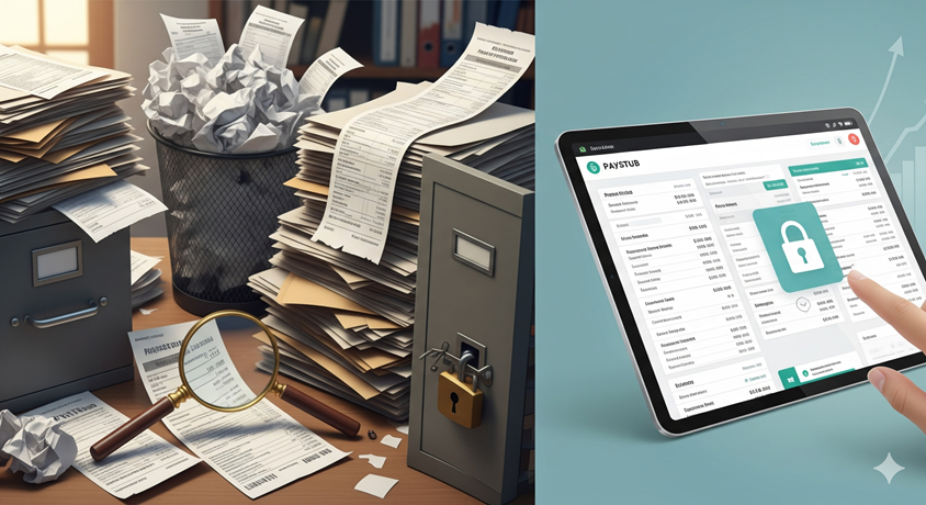 A side-by-side comparison of a crumpled paper paystub and a clean digital paystub on a smartphone.