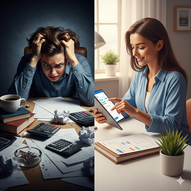 Woman holding an invoice in an office setting