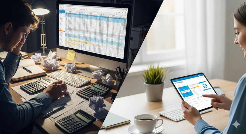 A split image showing a stressed person with their head in their hands versus a calm, smiling person.