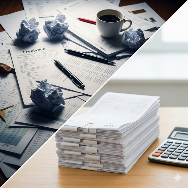 Woman holding an invoice in an office setting