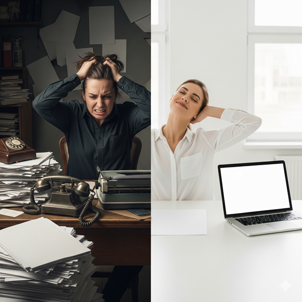 Woman holding an invoice in an office setting