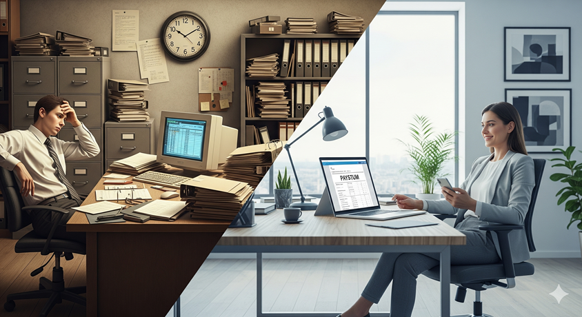 A frustrated person looking at a clock, contrasted with a happy person instantly viewing a paystub on their phone.