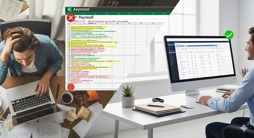 An Excel spreadsheet with red error cells and warning signs, contrasted with a clean paystub generator interface.