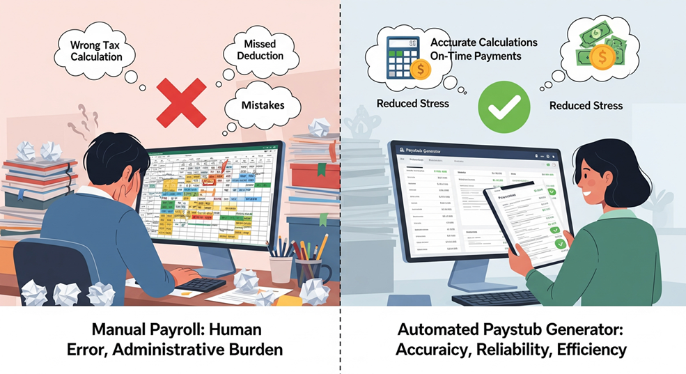 An image showing a person looking stressed at a calculator, contrasted with a clean, automated software interface.