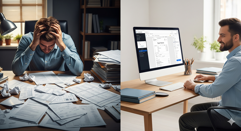 A messy pile of invoices and bank statements versus a clean, professional paystub.