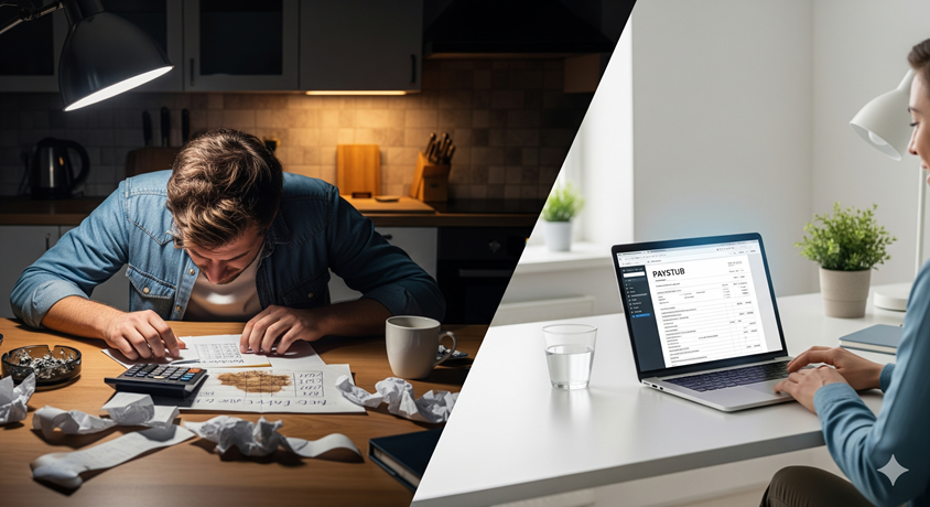 A person looking stressed while doing manual calculations at a desk.