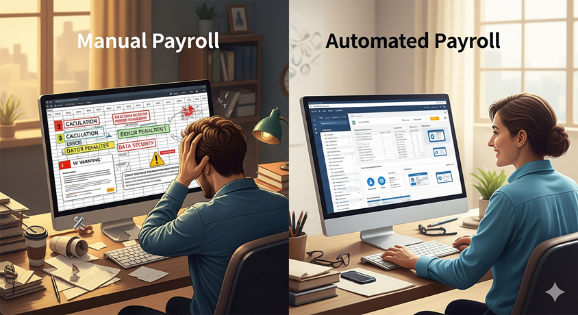 A warning sign in front of a messy desk with spreadsheets and calculators.